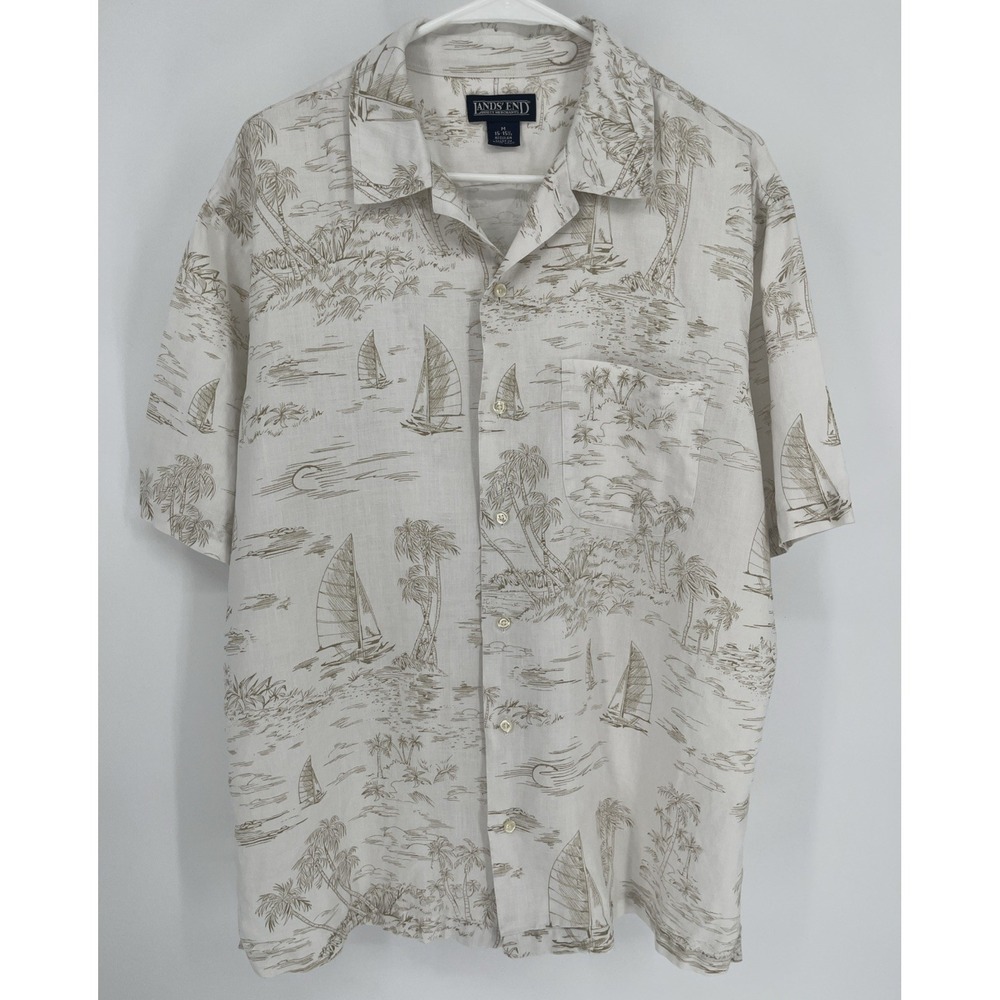 Vintage Lands End Men's M Linen Shirt Hawaiian Tropical Boat Print Resort Beach